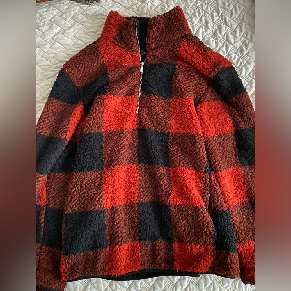 Fuzzy Red Plaid Quarterzip